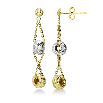 Boucles d’oreilles pendantes en or jaune et blanc diamantées