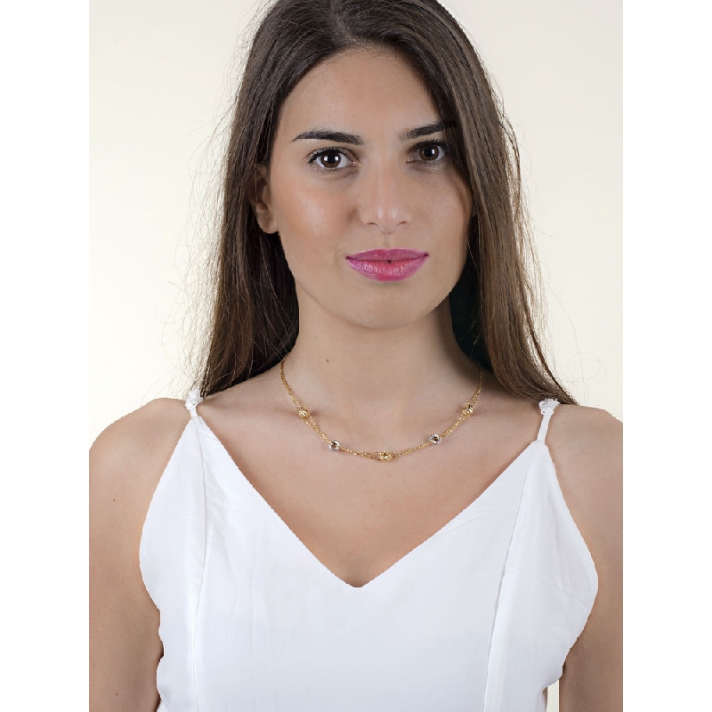 Chaîne en or jaune et or blanc 18k maillons en forme de petites boulles diamantée Chaîne en or jaune et or blanc 18k maillons en forme de petites boulles diamantée