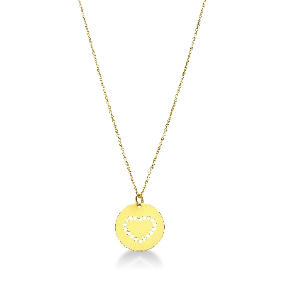 Collier en or jaune 18k avec medaille plate et coeur ajoure