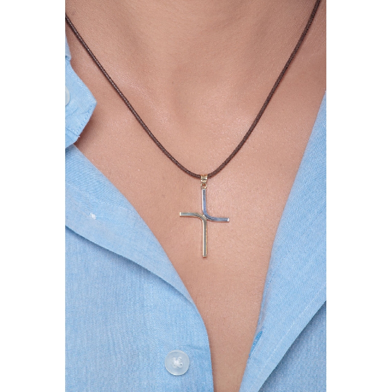 Pendentif Croix Stylisée en Or Blanc et Jaune 18k