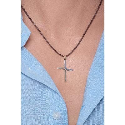 Pendentif Croix Stylisée en Or Blanc et Jaune 18k