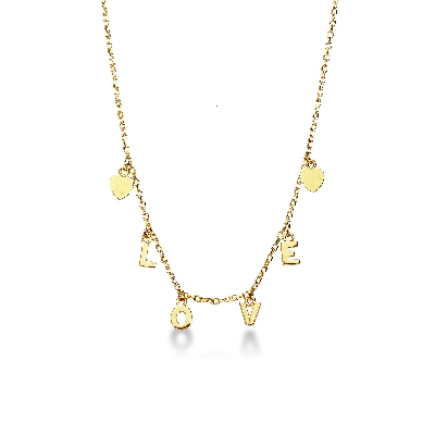 Collier en or jaune 18k avec deux petits cœurs et inscription LOVE