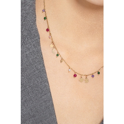 Collier en or jaune 18k avec charms et perles colorées