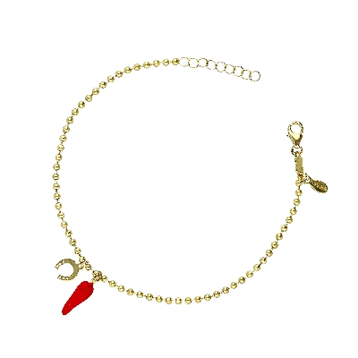 Bracelet en or 18K avec fer à cheval et corne rouge porte-bonheur