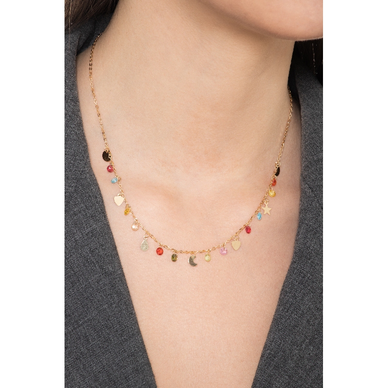 Collier en or jaune 18k pierres colorées et charms cm 42 Collier en or jaune 18k pierres colorées et charms cm 42