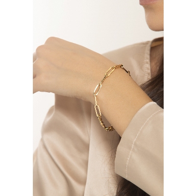 Bracelet gourmette et maillons trombone en or jaune 18k