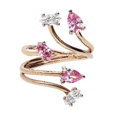 Bague toi et moi en Or Rose 18k avec Zircons Roses et Blancs