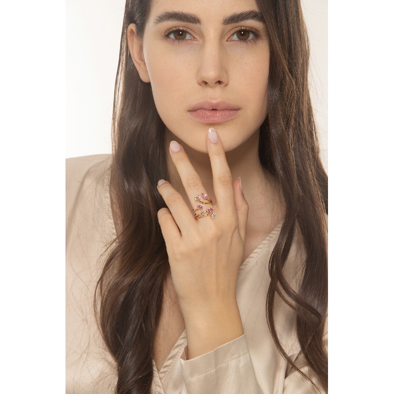 Bague toi et moi en Or Rose 18k avec Zircons Roses et Blancs