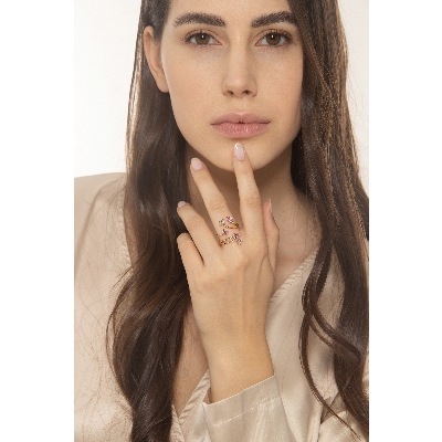 Bague toi et moi en Or Rose 18k avec Zircons Roses et Blancs