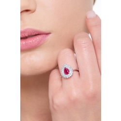 Bague en or blanc 18k avec rubis goutte et double rangée de diamants 2