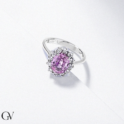 Bague halo en or blanc 18k avec saphir rose et diamants