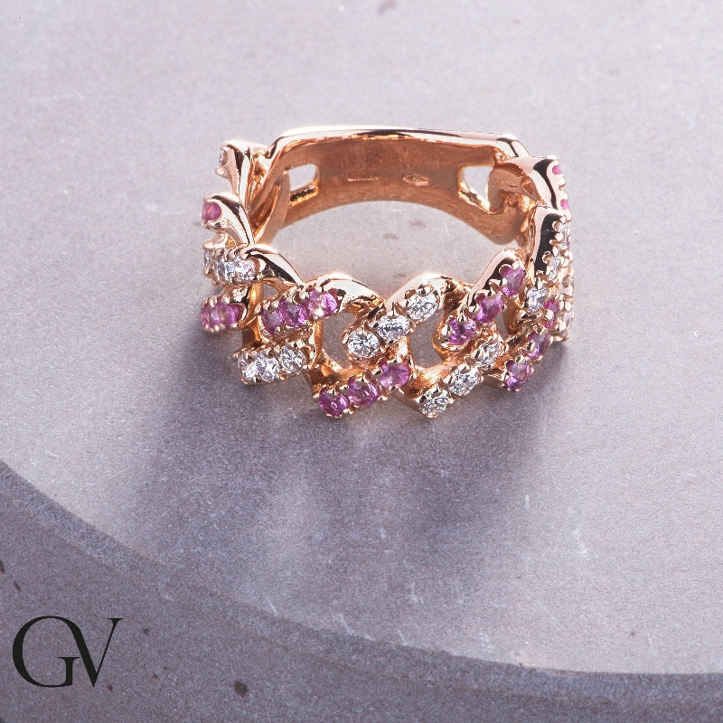 Bague Cuban Link en or rose 18k avec saphirs roses et diamants