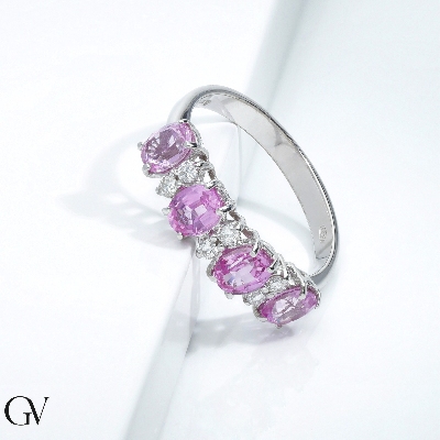 Bague femme en Or Blanc 18k avec 4 saphirs rose et diamants