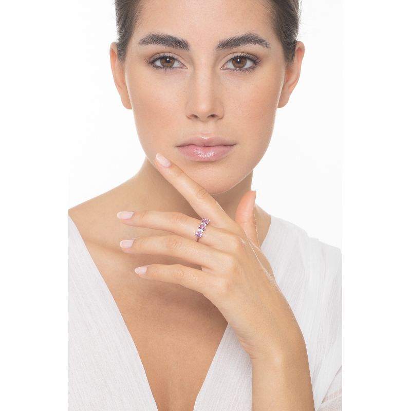 Bague femme en Or Blanc 18k avec 4 saphirs rose et diamants