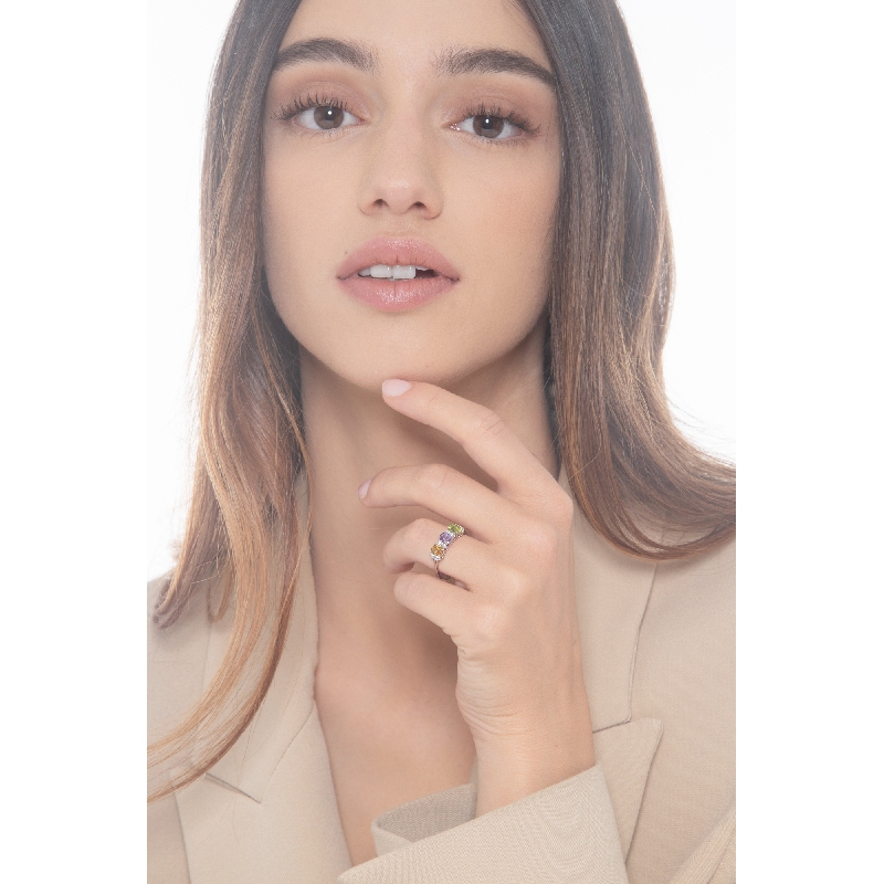 Bague en or blanc 18 carats avec citrine, améthyste, péridot et diamants Bague en or blanc 18 carats avec citrine, améthyste, péridot et diamants