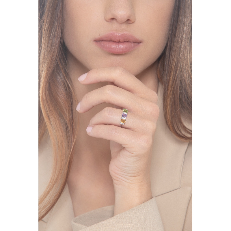 Bague en or blanc 18 carats avec citrine, améthyste, péridot et diamants Bague en or blanc 18 carats avec citrine, améthyste, péridot et diamants