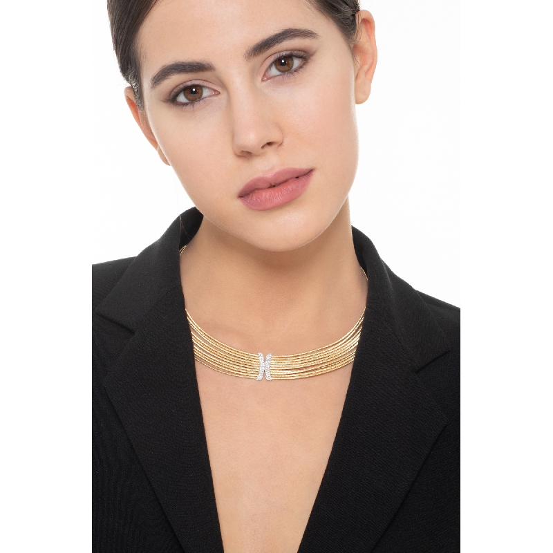 Collier ras du cou multi-rangs en or jaune et blanc 18k avec diamants  Collier ras du cou multi-rangs en or jaune et blanc 18k avec diamants