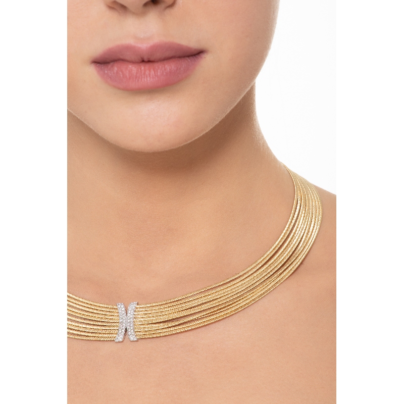 Collier ras du cou multi-rangs en or jaune et blanc 18k avec diamants  Collier ras du cou multi-rangs en or jaune et blanc 18k avec diamants