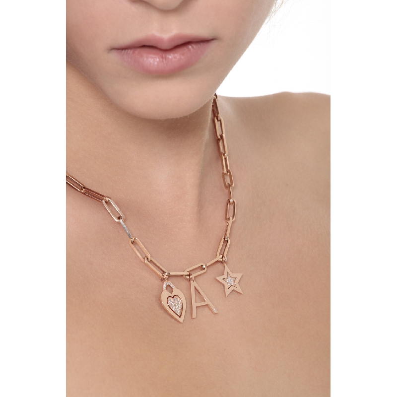 Collier rolò en or rose 18k d'étoile, cœur et de lettre A