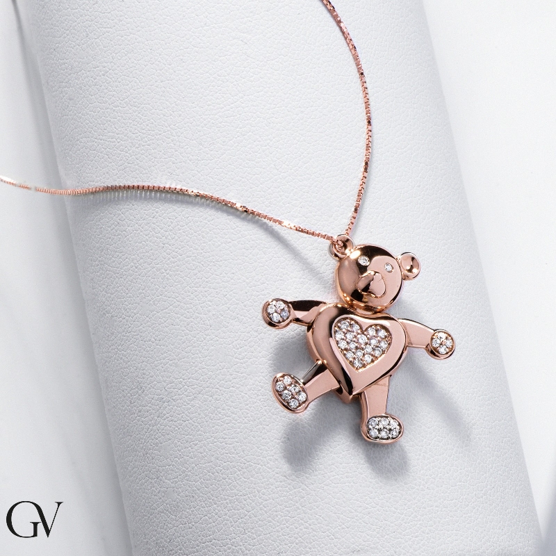 Pendentif en forme d'ours en peluche en or rose 18k de diamants