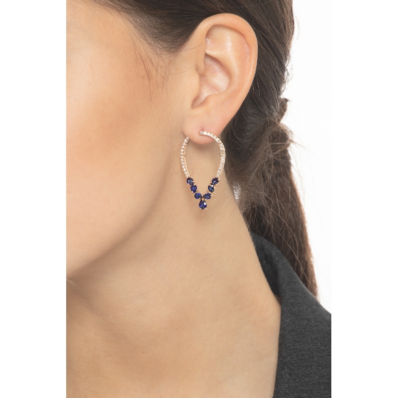 Boucles d'oreilles ovales or rose 18k avec saphirs bleus et diamants