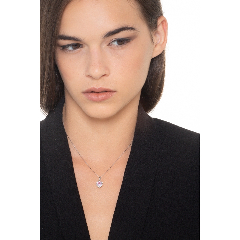 Collier en Or Blanc 18k avec Pendentif Cœur, Saphir Rose et Diamants