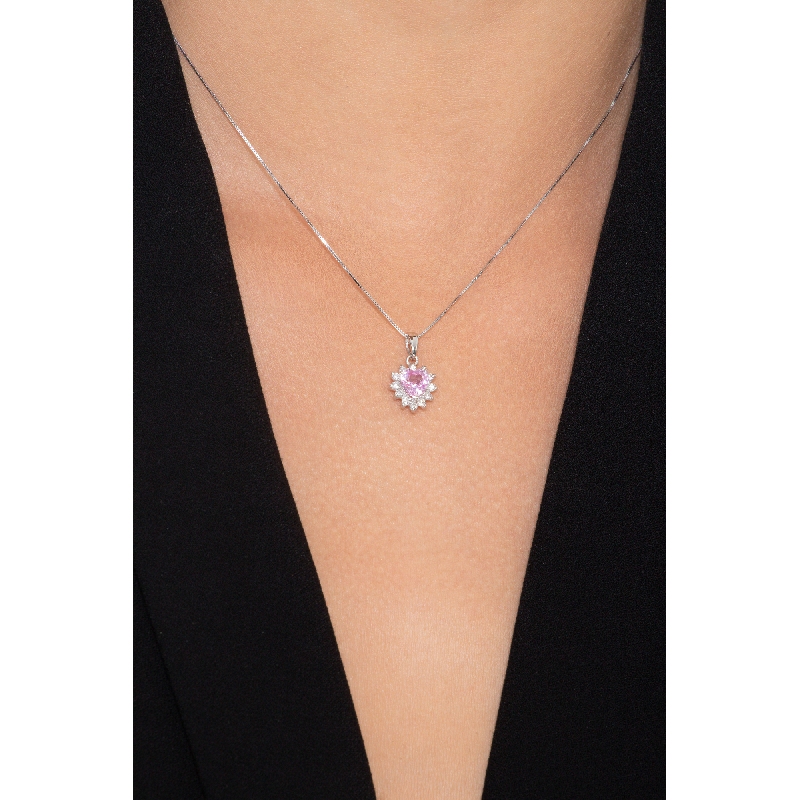 Collier en Or Blanc 18k avec Pendentif Cœur, Saphir Rose et Diamants