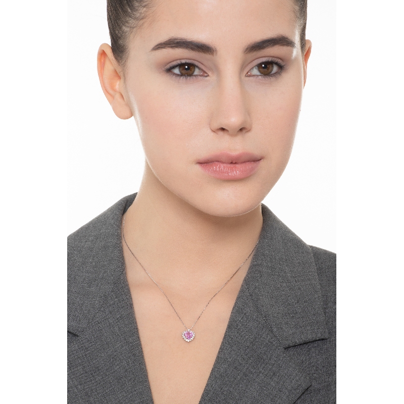 Collier en or blanc 18K en forme cœur saphir rose