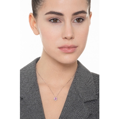 Collier en or blanc 18K en forme cœur saphir rose