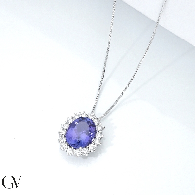 Collier halo en or blanc 18k avec tanzanite et diamants