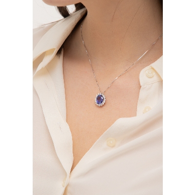 Collier halo en or blanc 18k avec tanzanite et diamants