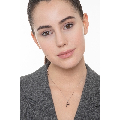 Collier or 18k avec pendentif lettre F serti en diamants noirs