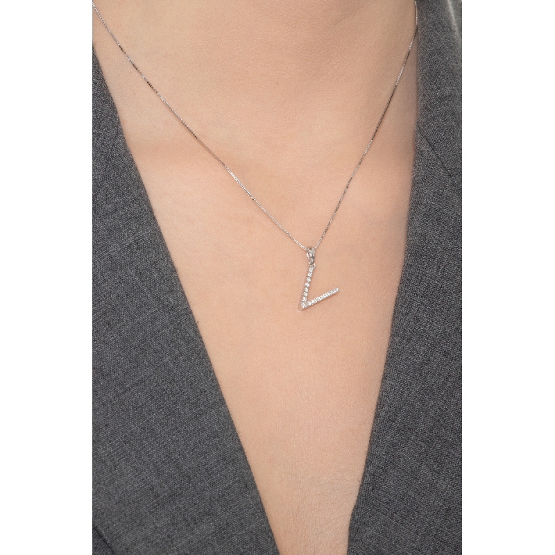 Collier Or Blanc 18k avec initiale V et diamants