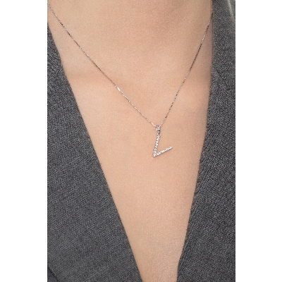 Collier Or Blanc 18k avec initiale V et diamants