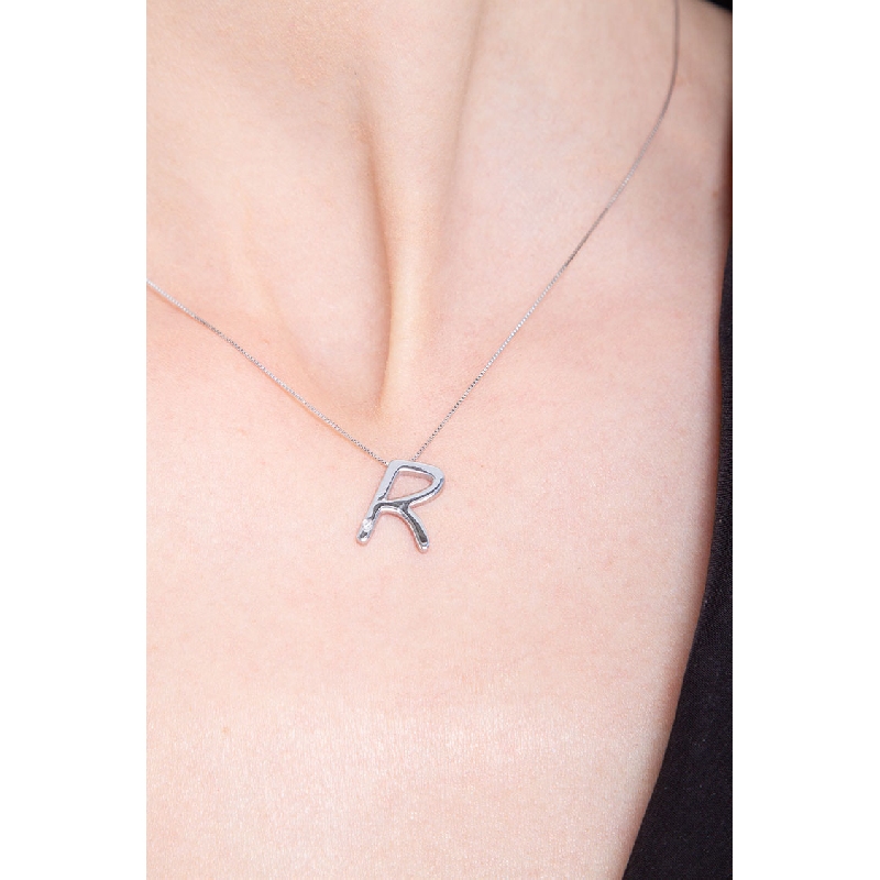 Collier or blanc 18k lettre R diamant