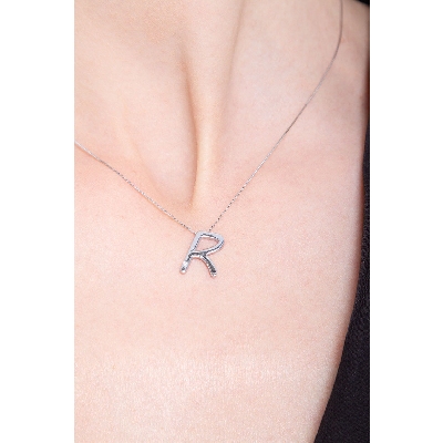 Collier or blanc 18k lettre R diamant