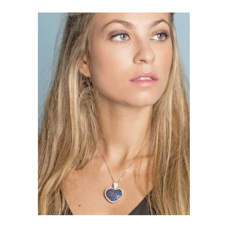 Collier en Or Blanc 18k avec Pavé de Saphirs Bleus et Diamants