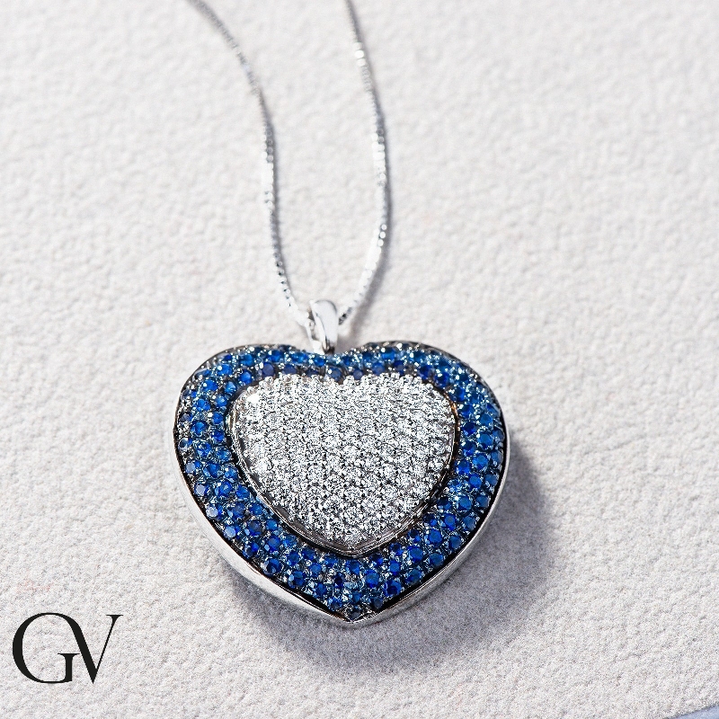 Collier en or blanc 18k cœur en diamants et saphirs beus Collier en or blanc 18k cœur en diamants et saphirs beus