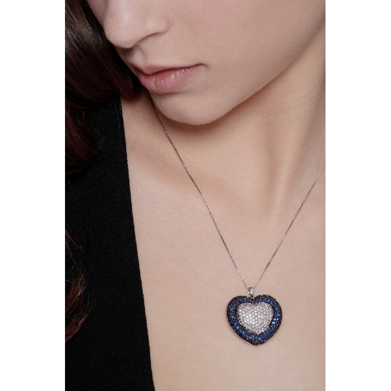 Collier en or blanc 18k cœur en diamants et saphirs beus Collier en or blanc 18k cœur en diamants et saphirs beus