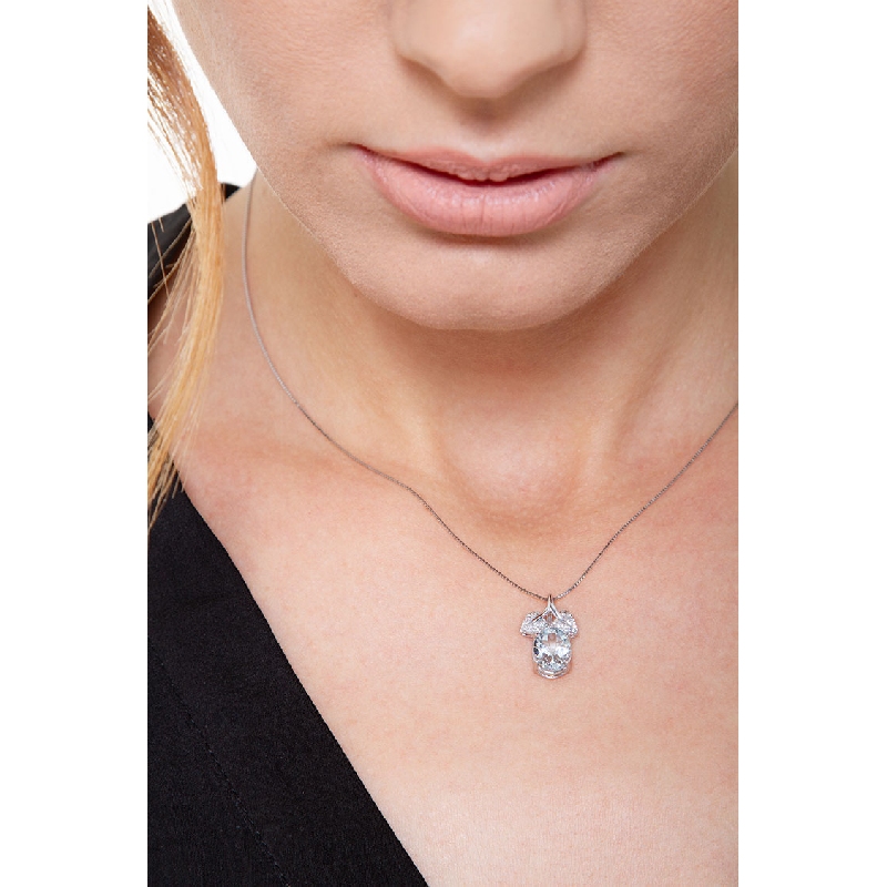 Collier en or blanc 18k en forme de feuille avec diamants et aigue-marine
