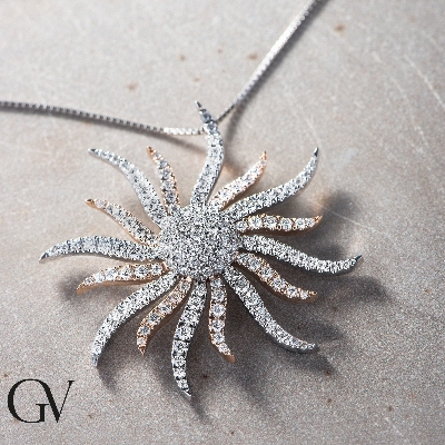 Collier soleil or blanc et rose 18k avec diamants