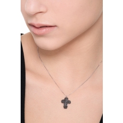 Collier avec croix bombée en or blanc 18k avec diamants noirs 2