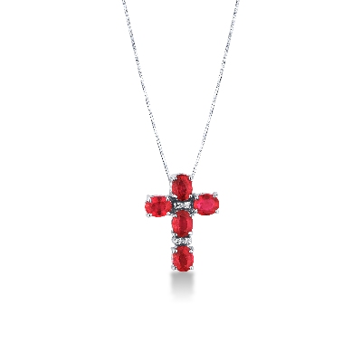 Collier en or blanc 18k avec pendentif croix serti de rubis et diamants