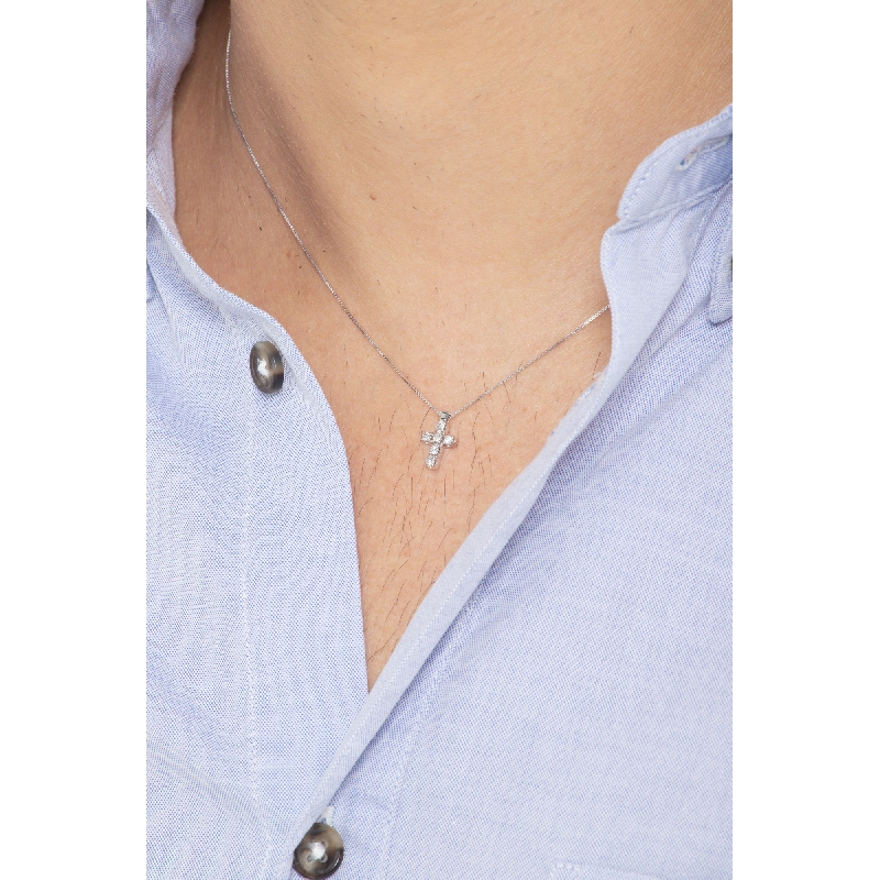 Collier avec pendentif croix Or Blanc 18k et diamants