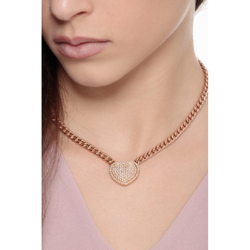 Collier Gourmette Or Rose 18k & Pendentif Cœur Pavé Diamants