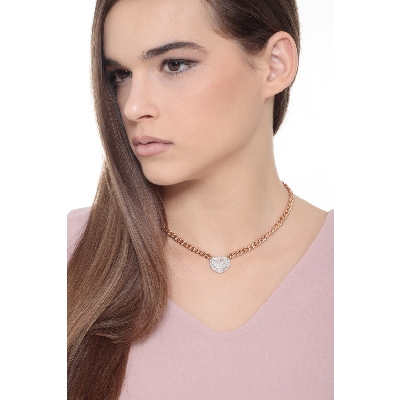 Collier gourmette or rose 750 avec cœur pavé de diamants