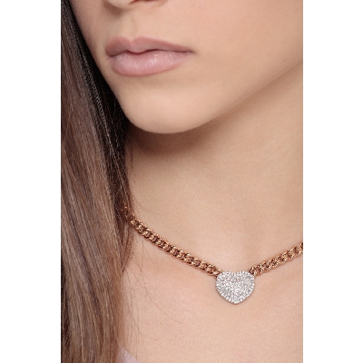 Collier gourmette or rose 750 avec cœur pavé de diamants