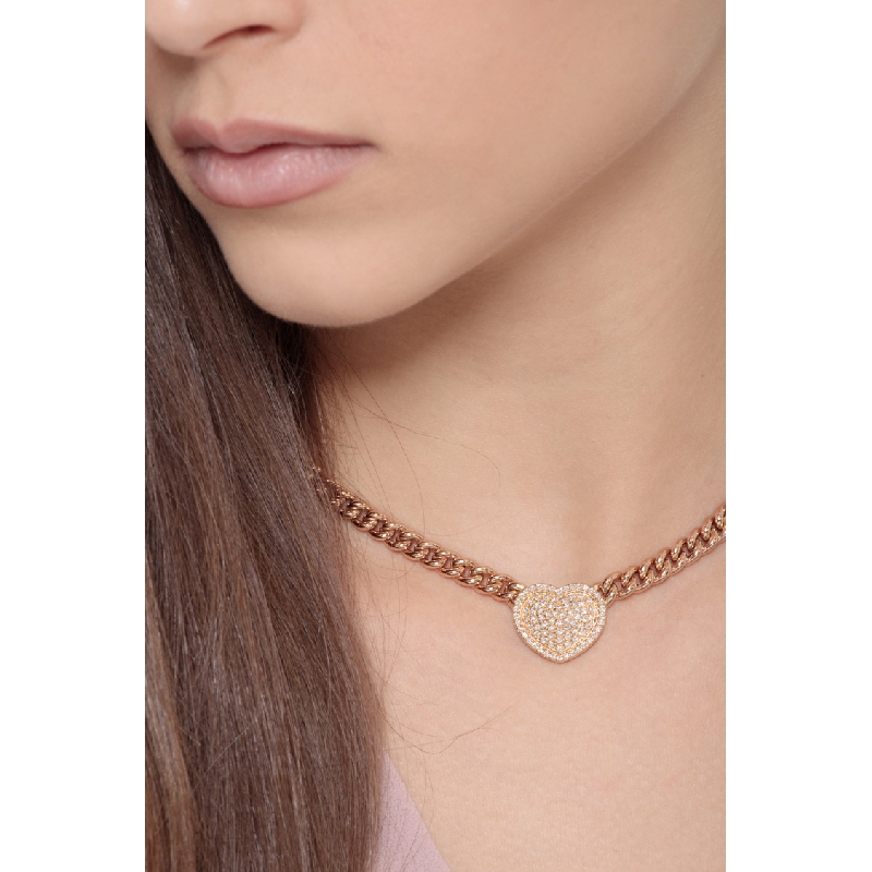 Collier chaîne gourmette or rose avec cœur pavé