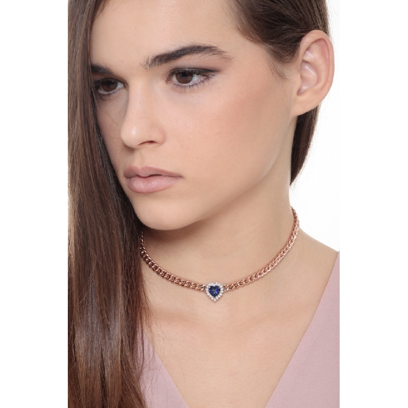 Collier gourmette or rose 18k avec cœur saphir et diamants