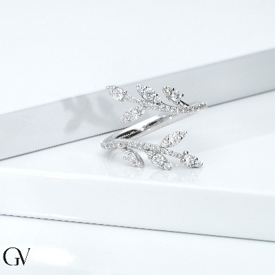 Bague feuille or blanc 18K diamants brillants